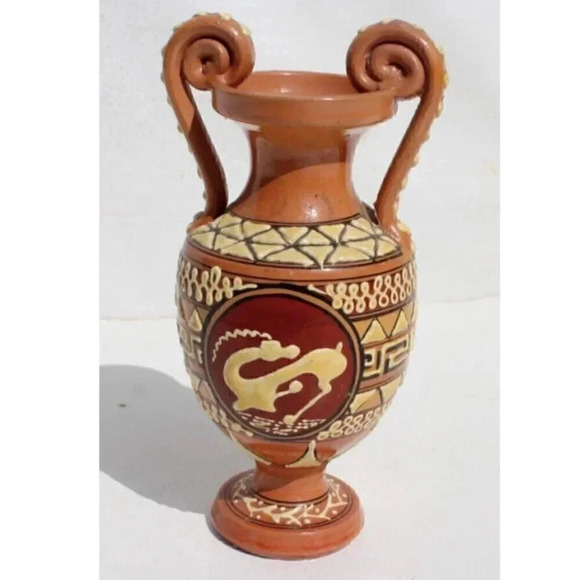 Vtg Terracotta Neoclassical Urn Vase Greek Aztec Empire Trojan Clay POTTERY - Picture 3 of 5